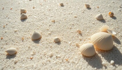Fine, pale sand grains, glistening under sunlight, shells scattered sparsely, beach, sand