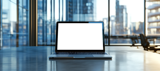 Laptop With Transparent PNG Screen on a High-Rise Office Desk for Branding and Advertisement Cutout Display Background