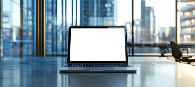 Laptop With Transparent PNG Screen on a High-Rise Office Desk for Branding and Advertisement Cutout Display Background