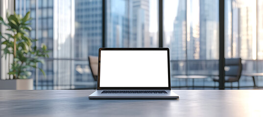 Laptop With Transparent PNG Screen on a High-Rise Office Desk for Branding and Advertisement Cutout Display Background