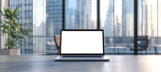Laptop With Transparent PNG Screen on a High-Rise Office Desk for Branding and Advertisement Cutout Display Background