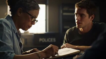 A detective is focused on sketching a suspect based on witness descriptions in a police station. Tension fills the air as a young man watches attentively, aiding the investigation.