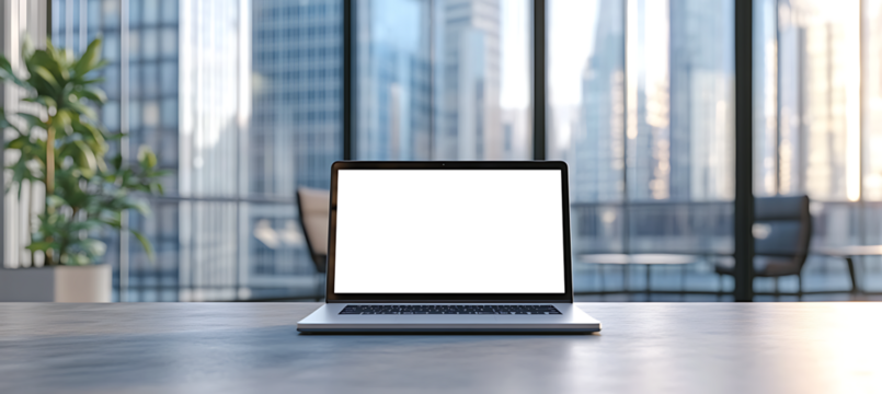 Laptop With Transparent PNG Screen on a High-Rise Office Desk for Branding and Advertisement Cutout Display Background