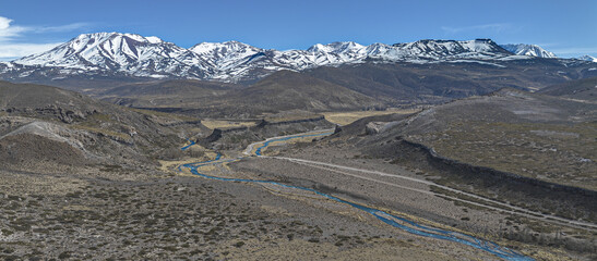 Aerial view of the Malargüe River and the Andes mountain range