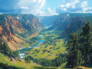 Obraz premium Serene valley landscape; river flows, green meadows, nestled homes, dramatic cliffs, and blue sky