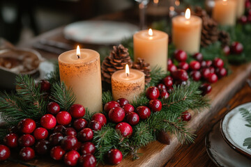 Christmas table setting with candles and cranberries.