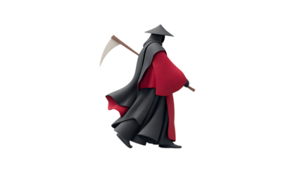 Grim Reaper Walking with Scythe Dark Cloak and Red Lining Halloween Theme Death Symbol Spoo