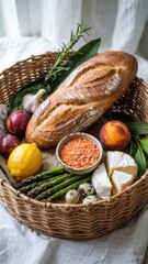 Obraz premium Rustic basket with bread, lentils, peaches, and herbs on linen cloth