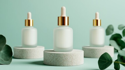 Elegant serum bottles displayed on minimalist pedestals studio setting product photography contemporary aesthetic