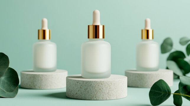Elegant serum bottles displayed on minimalist pedestals studio setting product photography contemporary aesthetic