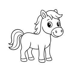 Cute cartoon horse illustration for kids, black and white farm animal line art, smiling pony drawing for coloring book or educational materials