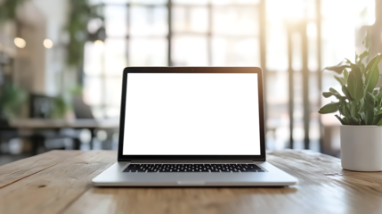 Minimal Office Setup with Laptop and Transparent PNG Cutout Screen on Wooden Table, Copy Space on Right Side
