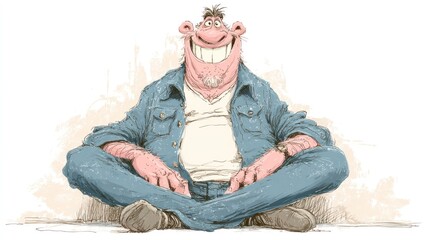 Fototapeta premium A cheerful animated character sitting crosslegged wearing a denim jacket and jeans perfect f