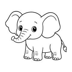 Cute cartoon elephant illustration for kids, black and white jungle animal line art, smiling baby elephant drawing for coloring book or educational materials