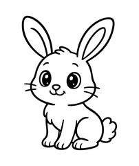Cute cartoon rabbit illustration for kids, black and white bunny line art, smiling baby bunny drawing for coloring book or educational materials