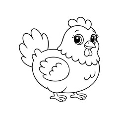 Cute cartoon chicken illustration for kids, black and white farm bird line art, smiling hen drawing for coloring book or educational materials