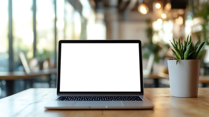 Minimal Office Setup with Laptop and Transparent PNG Cutout Screen on Wooden Table, Copy Space on Right Side