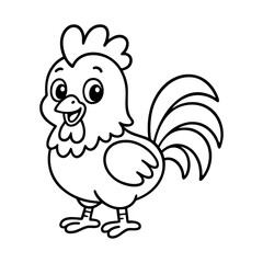 Cute cartoon rooster illustration for kids, black and white farm bird line art, smiling cockerel drawing for coloring book or educational materials