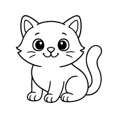Cute cartoon kitten illustration for kids, black and white pet cat line art, smiling baby cat drawing for coloring book or educational materials