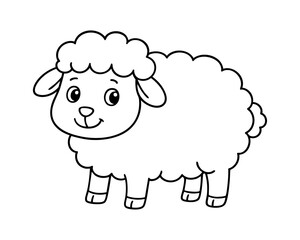 Cute cartoon sheep illustration for kids, black and white farm animal line art, smiling lamb drawing for coloring book or educational materials
