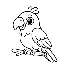 Cute cartoon parrot illustration for kids, black and white tropical bird line art, smiling parrot on branch drawing for coloring book or educational materials