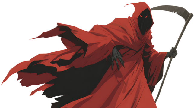 Grim Reaper in Red Robe with Scythe Dark Fantasy Illustration