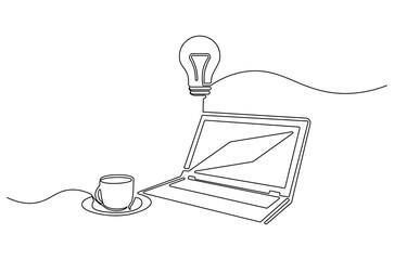 Continuous one line drawing of Laptop and a cup of coffee with light bulb. Single line drawing illustration of Laptop and bulb. Idea concept vector art. Doodle line illustration.