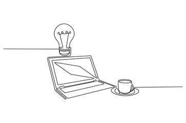 Continuous one line drawing of Laptop and a cup of coffee with light bulb. Single line drawing illustration of Laptop and bulb. Idea concept vector art. Doodle line illustration.