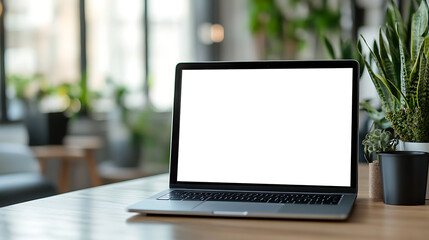 Minimal Office Setup with Laptop and Transparent PNG Cutout Screen on Wooden Table, Copy Space on Right Side