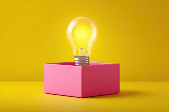 Glowing lightbulb sitting atop a pink box against a vibrant yellow colored plain studio backdrop