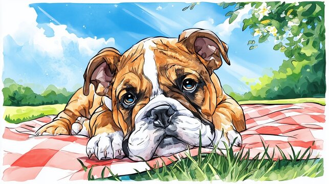 A cute bulldog puppy with soulful eyes lies contentedly on a red picnic blanket, enjoying the sunny day in the park surrounded by vibrant green grass and blue sky.