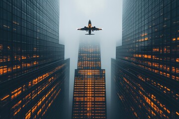 Modern city skyscrapers with fog and flying plane.