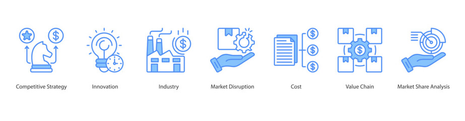 Competitive Market icon sheet web vector illustration competitive strategy, innovation, industry, market disruption, cost, value chain, market share analysis