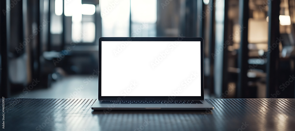 Canvas Prints laptop with blank transparent png screen on a metal table in an office space with text space backgro