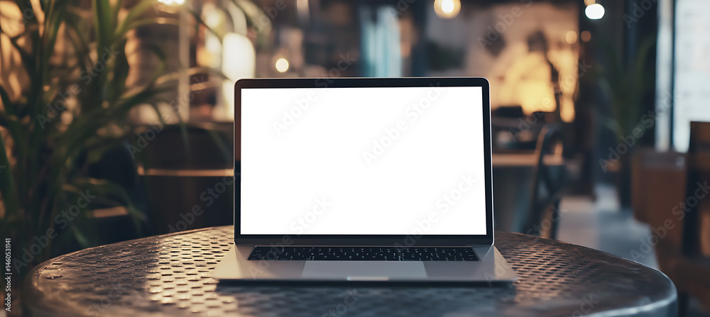 Canvas Prints laptop with blank transparent png screen on a metal table in an office space with text space backgro