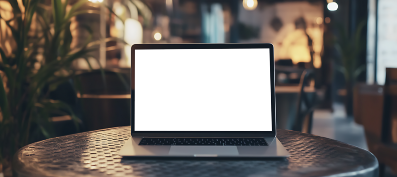 Laptop with Blank Transparent PNG Screen on a Metal Table in an Office Space with Text Space Background.
