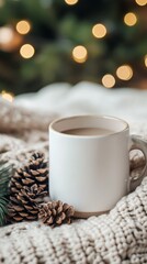 Cozy Morning Coffee with Pinecones and Soft Knit Blanket Background