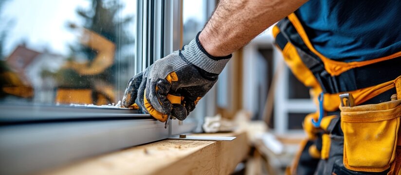 Fototapeta Construction worker installing window