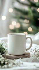 Cozy White Mug on Wooden Coaster Surrounded by Winter Decor