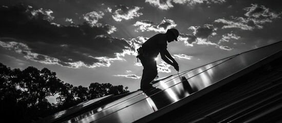 Construction Worker on Solar Panel Roof at Sunset
