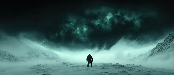 Solitary figure in a desolate, misty landscape