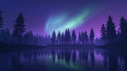 Fototapeta premium Aurora Borealis Lighting Up the Still Winter Lake Scene