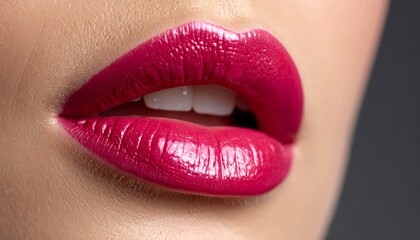Fototapeta premium Glistening lips close-up with wet red gloss