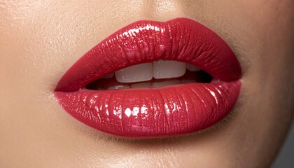 Obraz premium Glistening lips close-up with wet red gloss