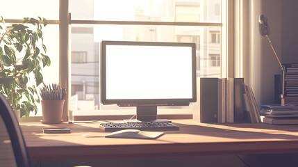A computer LED with a blank transparent png screen on a wooden table in a bright office with large windows, copy space on the side.