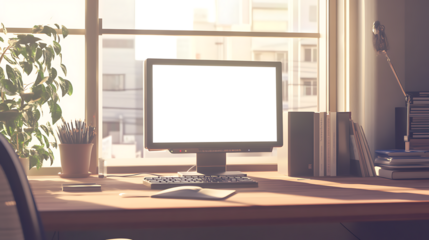 A computer LED with a blank transparent png screen on a wooden table in a bright office with large windows, copy space on the side.
