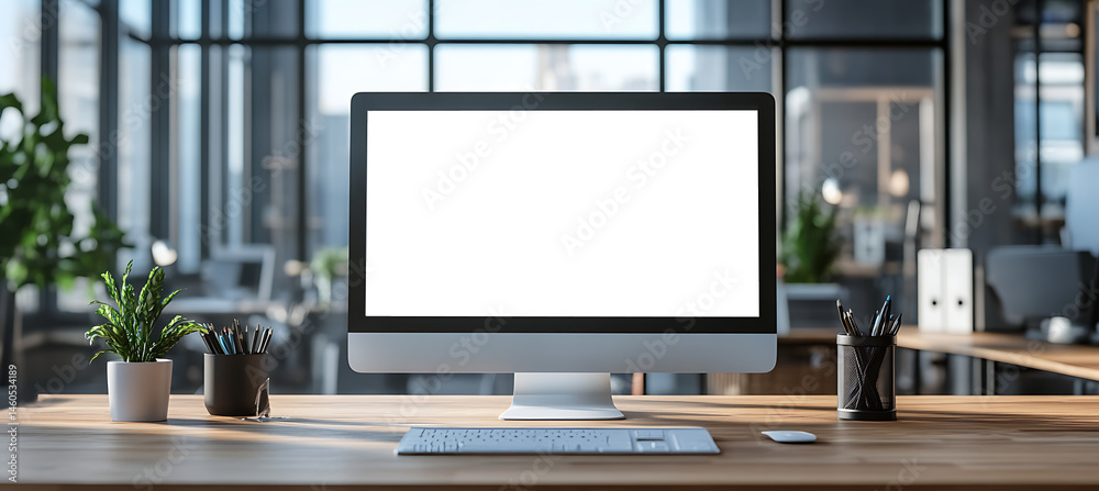Wall mural transparent png cutout of a computer led screen placed on a clean office table background with space