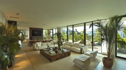 Naklejka premium Spacious modern interior design with abundant greenery.