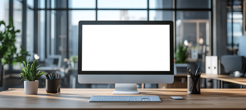 Transparent PNG Cutout of a Computer LED Screen Placed on a Clean Office Table Background with Space for Text