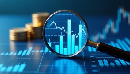 Digital technology displays a blue stock market chart illustration with financial data, an upward arrow signifying business growth and potential investment success in the global market